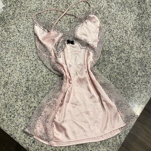 Victoria's secret pink floral lace slip dress with black and white lace panels